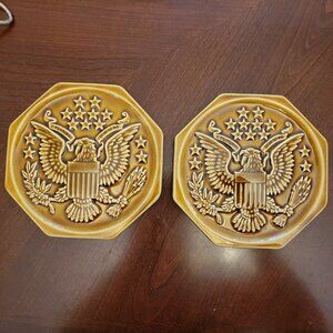 Set Of Two Vintage Harker Rockingham Ceramic Eagle Octagonal Shape Raised Eagle